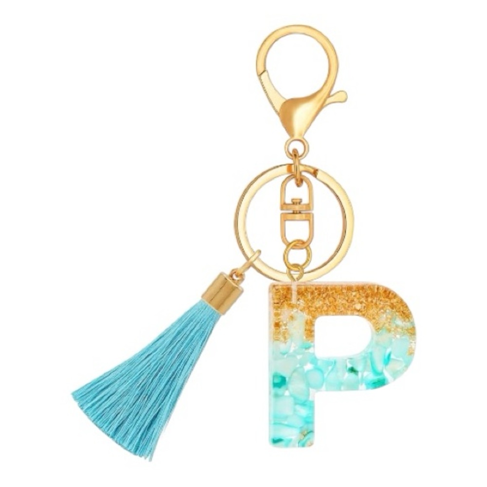 Resin Turquoise Letter P Keychain Initial Bag Charm Tassel Accent